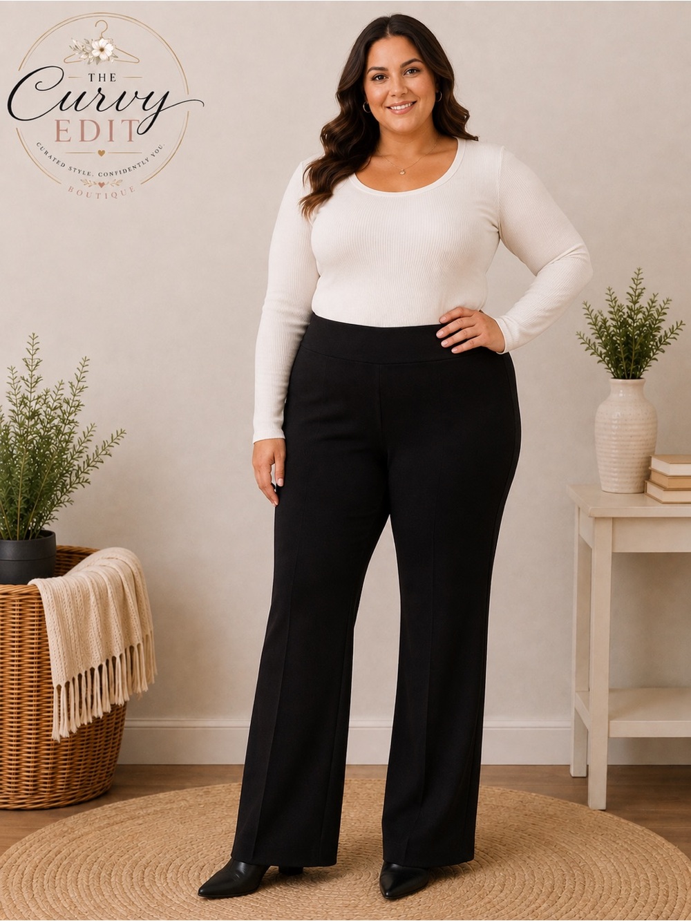 Slim Factor Plus 3X Black Pull On Pants Stretch Career Wide Leg Chic